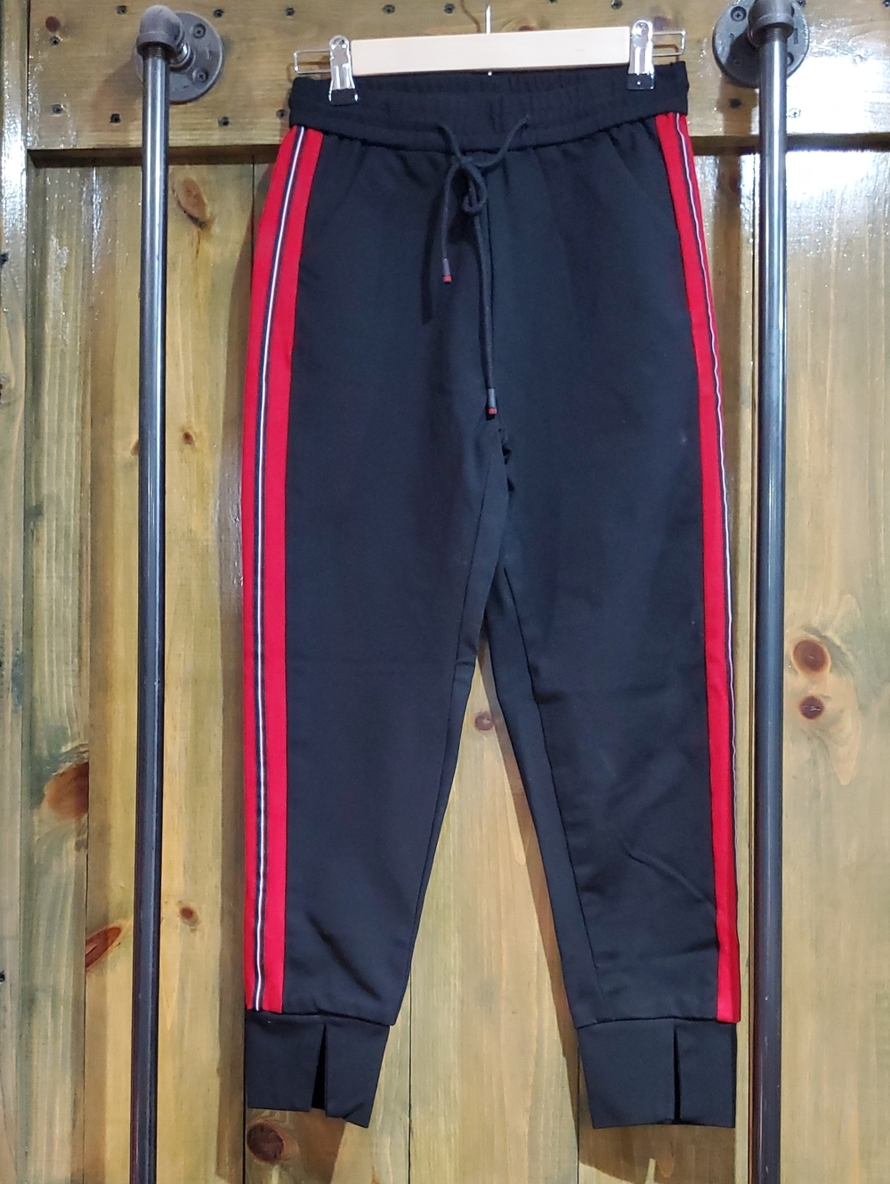 Black Jogger Pants with Red Side Stripes Athletic Casual Lounge Workout Travel